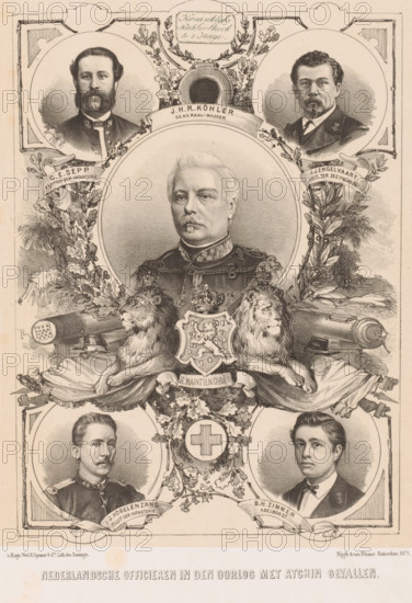 Dutch officers fallen in the war with Atchin, Portraits of five Dutch officers, print, Portraits of