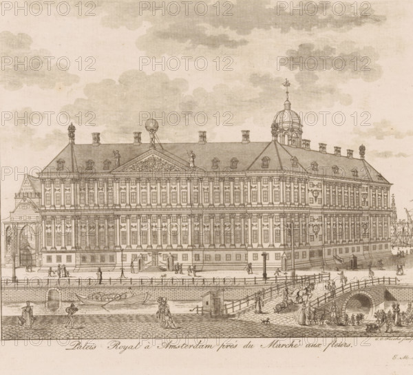 View of the Royal Palace in Amsterdam, Royal Palace in Amsterdam near the flower market, print,