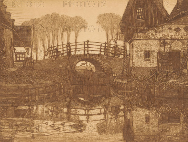 Servant's lock in Edam, The small lock, Edam (original title), print, On the lock a woman and a