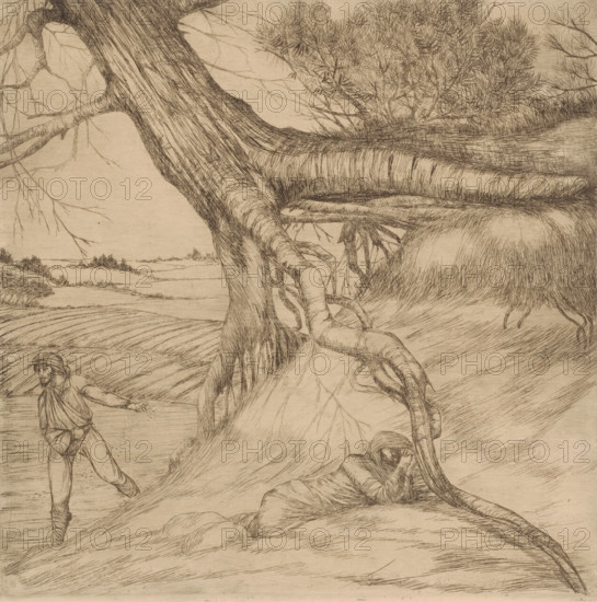 Sower and reclining figure with folded hands in a landscape, print, printmaker: Eugène Joors