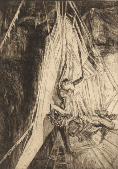Spiderweb with humanoid spider that has captured a man, L'Araignée, print, Creature with the lower