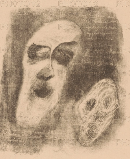 Two narrow faces with empty eye sockets, print, In the background text fragments, including a quote