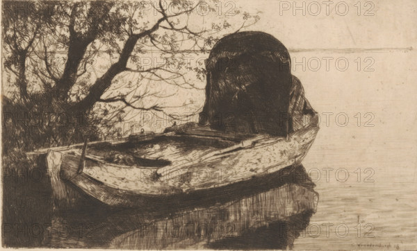 Moored rowboat with a canopy, print, printmaker: Cornelis Vreedenburgh (signed by artist), print