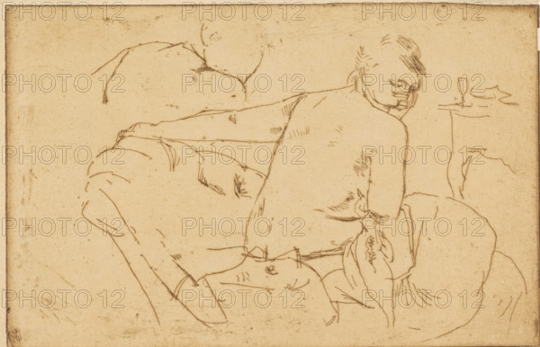 Seated female semi-nude, print, Study of a seated female nude seen from the back, shown twice.,