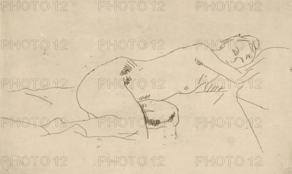 Reclining Female Nude, print, Female nude lying on her side, her head to the right., signature: