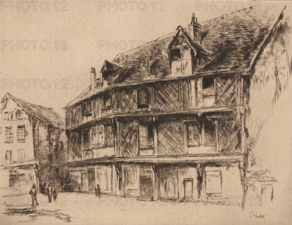 La maison du saumon (Chartres), Street with houses and walkers in Chartres, print, watermark,
