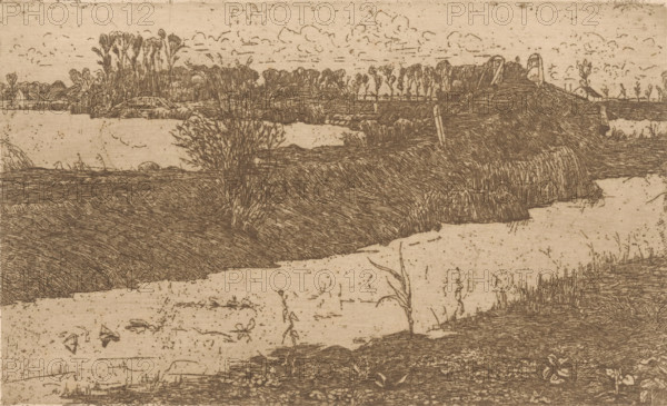 Dike along a river, Towpath (original title), print, printmaker: Maurits van der Valk (signed by