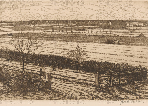 Landscape with fields and farm, print, printmaker: Maurits van der Valk (signed by artist), 1867 -