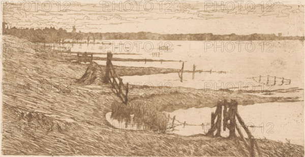 Flooded meadows near a dike, print, printmaker: Maurits van der Valk (signed by artist), 1867 -