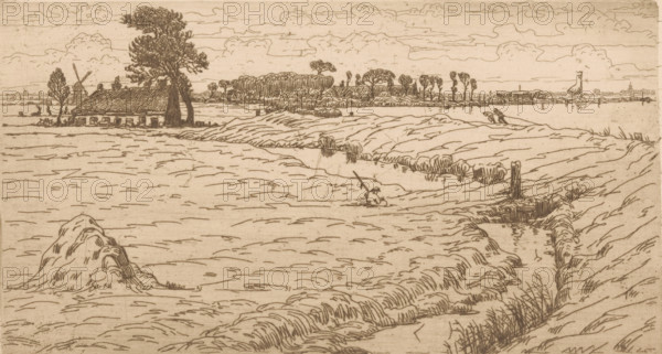 Landscape with meadow, farm and water, print, printmaker: Maurits van der Valk (signed by artist),