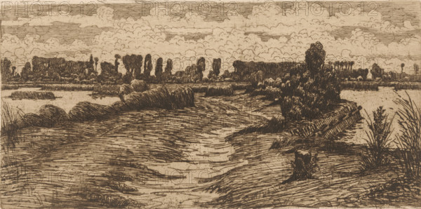 Path through landscape with puddles, print, printmaker: Maurits van der Valk (signed by artist),