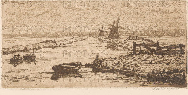 Landscape with meadows, canal and windmills, print, printmaker: Maurits van der Valk (signed by