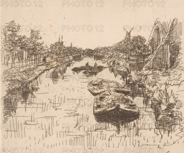 Canal (original title), Canal with barges, print, printmaker: Willem Bastiaan Tholen (signed by