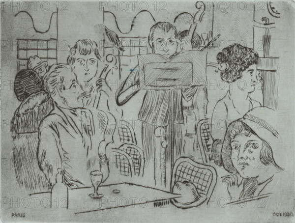 Musicians in a café, print, A cellist and a violinist perform a piece of music in a café., number: