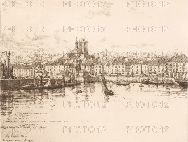 Port for Dieppe, L'avant port Dieppe, print, printmaker: Eugène Bejot (signed by artist), Dieppe,