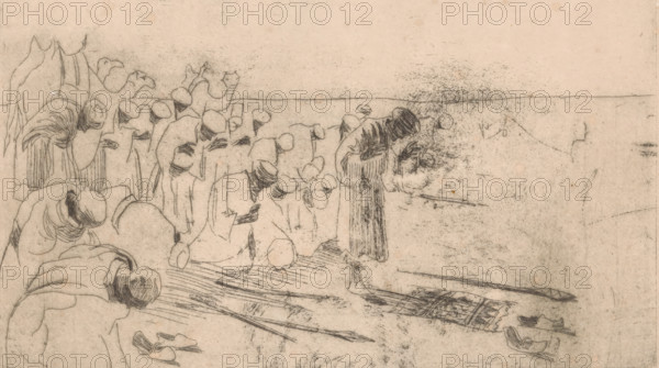 Abendgebet der Araber (original title on object), Praying men with turbans, print, Three camels in