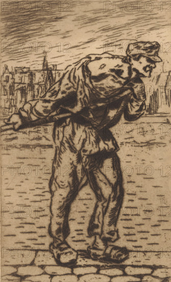 Man pulling, print, A man in clogs is pulling something behind him with a rope on the street.,