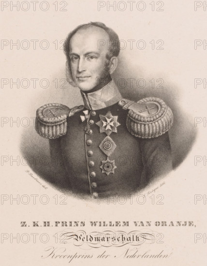 Portrait of King William II, print, The sitter wears a military uniform with knighthoods., print