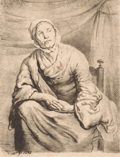 Sitting farmer's wife, print, The woman has her hands clasped together and is looking upwards.,
