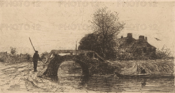 Primavera (original title), Landscape with river, bridge and houses, print, printmaker: Philip