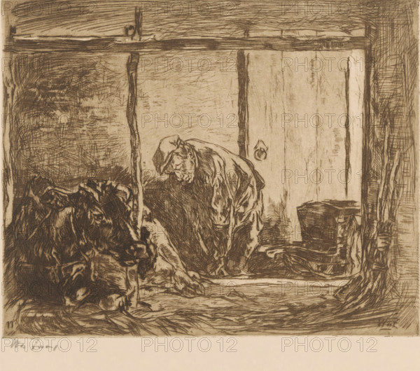 Farmer and cow in a stable, In the stable (original title), print, printmaker: Willem de Zwart