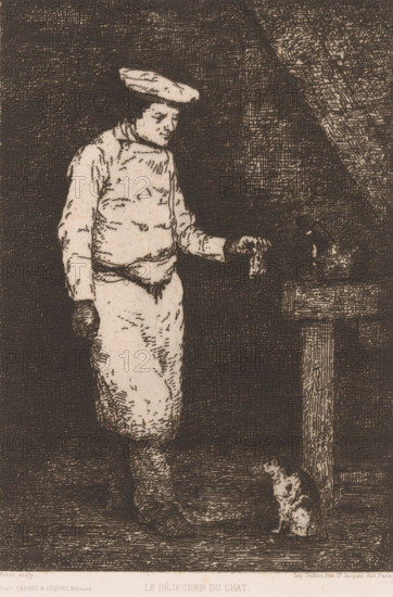 Le Déjeuner du Chat, Dark interior with a cook holding up a piece of meat for a cat, Eaux-Fortes