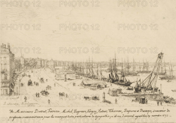 View of Bordeaux, print, watermark, printmaker: Maxime François Antoine Lalanne, France, dedicated