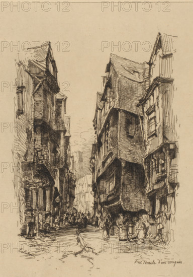 Street view in Morlaix, Grande rue à Morlaix (Brittany), print, printmaker: Maxime François Antoine