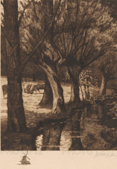 By the stream, Meadow by the water, print, Cows stand in the meadow on the left and trees stand by