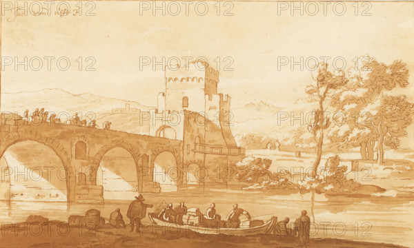 Ponte Molle near Rome, print, The Ponte Molle near Rome. In the foreground a boat moored at the