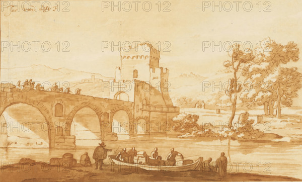 Ponte Molle near Rome, print, The Ponte Molle near Rome. In the foreground a boat moored at the
