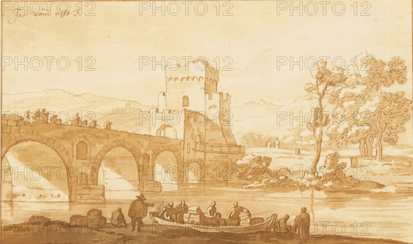 Ponte Molle near Rome, print, The Ponte Molle near Rome. In the foreground a boat moored at the