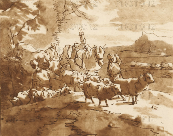 Shepherds with cattle in a mountain landscape, Horse with herd of sheep, print, The print is loose