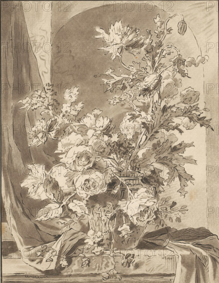 Vase with flowers in front of a niche, print, The print is loose in an album, see page H. 65.,