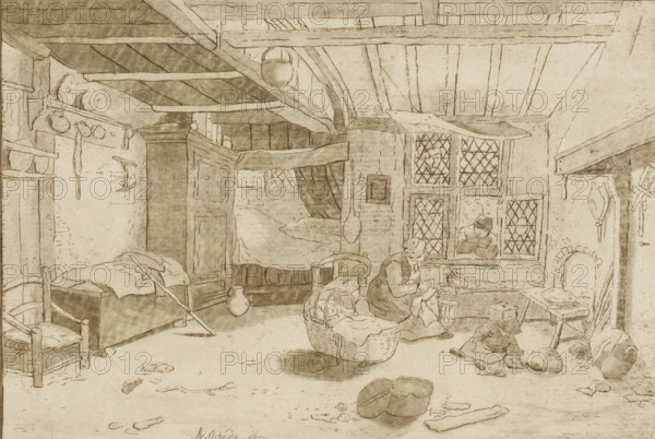 Interior with woman by cradle, print, Interior with a woman by a cradle. The woman is talking to a