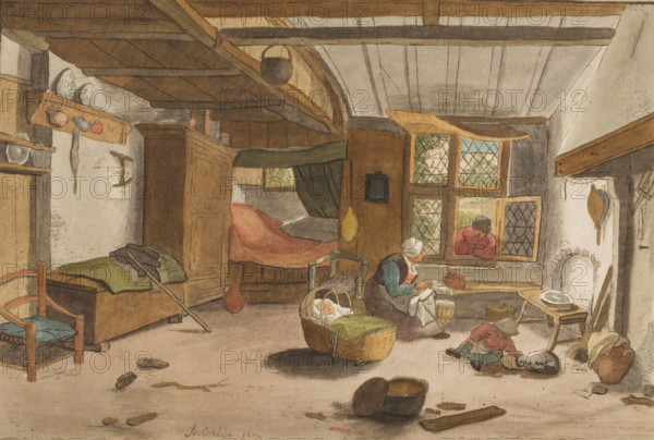Interior with woman by cradle, print, Interior with a woman by a cradle. The woman is talking to a