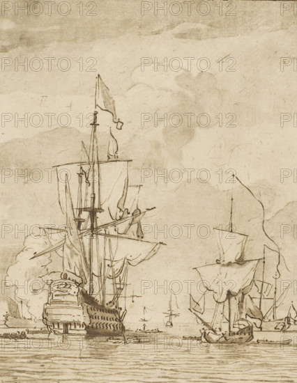 Warship firing a shot, print, Various sailing ships at sea, one of which fires a shot. The print is