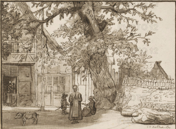 Inn in Anrath, Village view with large tree, print, Inn 'Zur blauen Hand am Kirchhof' in Anrath. In