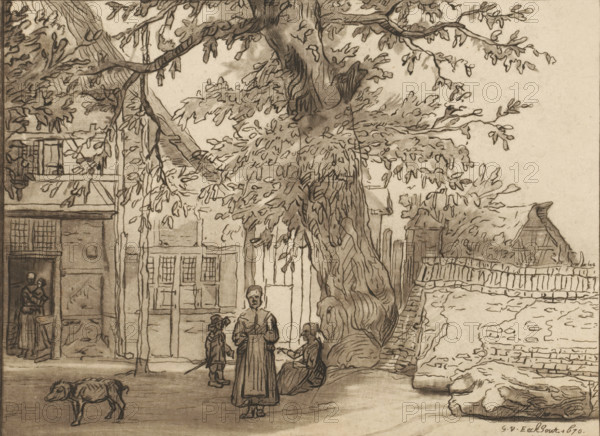 Village view with large tree, Inn in Anrath, print, Inn 'Zur blauen Hand am Kirchhof' in Anrath. In