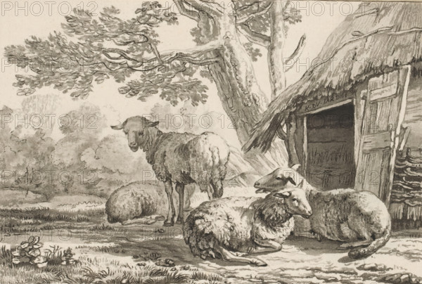 Sheepfold, print, Four sheep by the open sheepfold. The print is loose in an album, see page 44.,