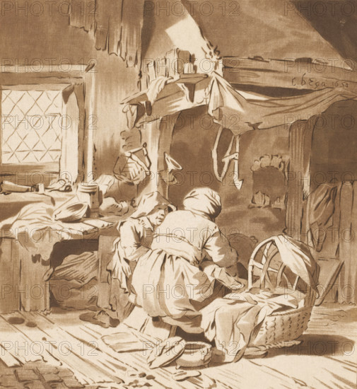 Farmer's interior with two women, print, Interior with two women near a cradle. The print is loose