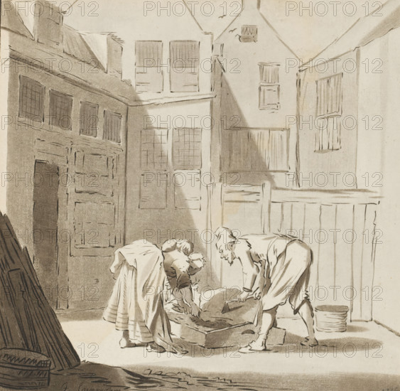 Pig slaughter, print, In a courtyard a man and a woman slaughter a pig. The print is loose in an
