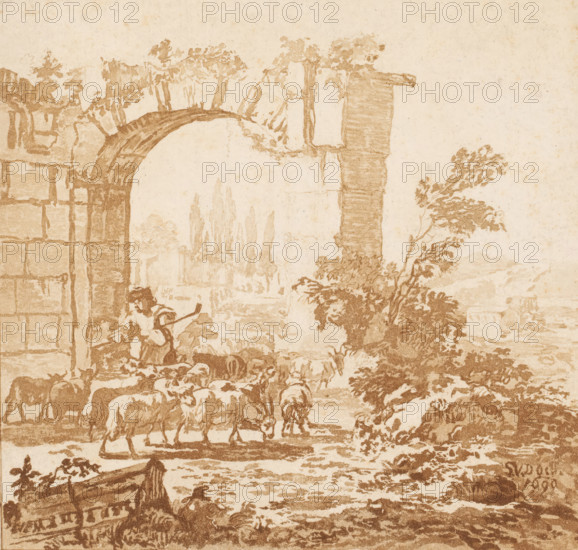 Herd of goats at a gate, print, A shepherd with a herd of goats at a gate. Cypresses in the