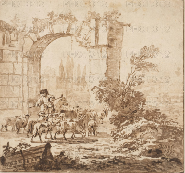 Herd of goats at a gate, print, A shepherd with a herd of goats at a gate. Cypresses in the