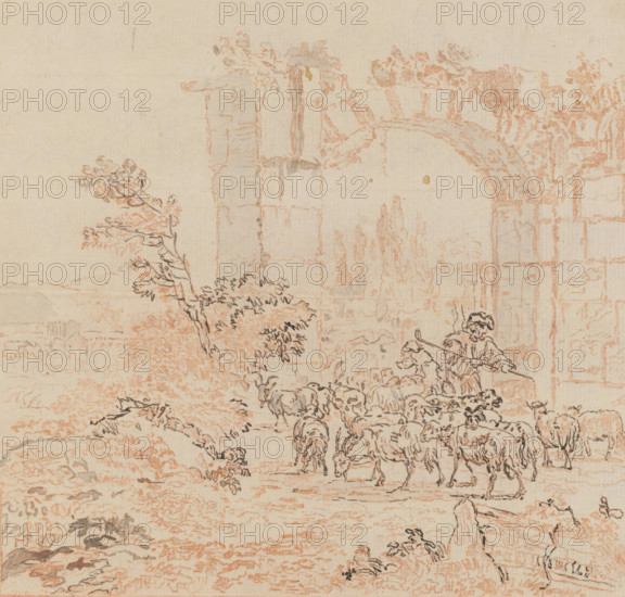 Herd of goats at a gate, drawing, A shepherd with a flock of goats at a gate. Cypresses in the