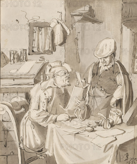 Writer of a letter, Recipient, print, A man, sitting at a table, is writing a letter. Next to him