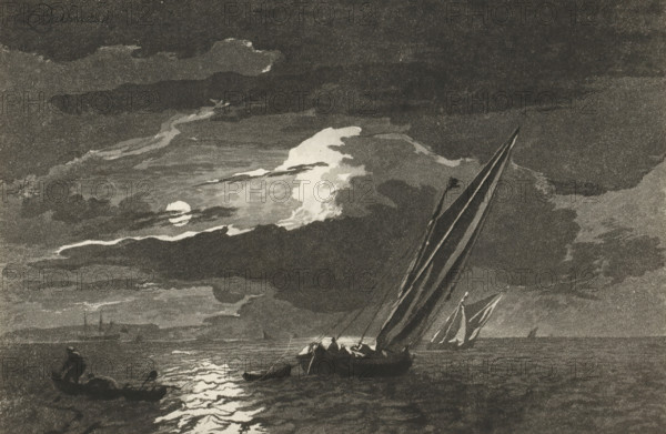 Seascape with full moon, print, Two sailing ships are at sea. A fisherman is hauling in his nets