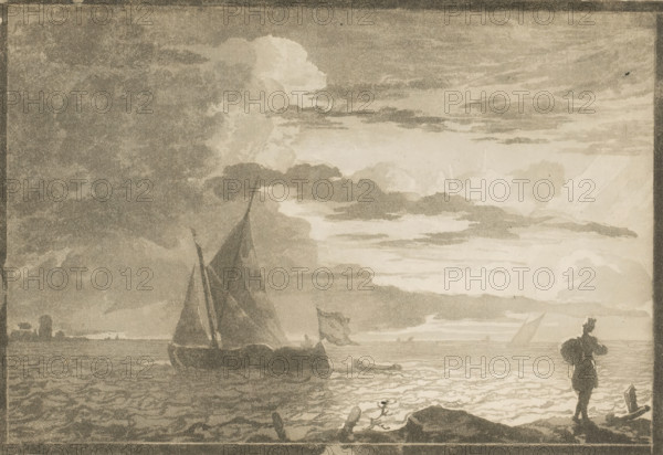 Man with sack on shoulders at sunrise, print, waste paper, On the right in the foreground a man