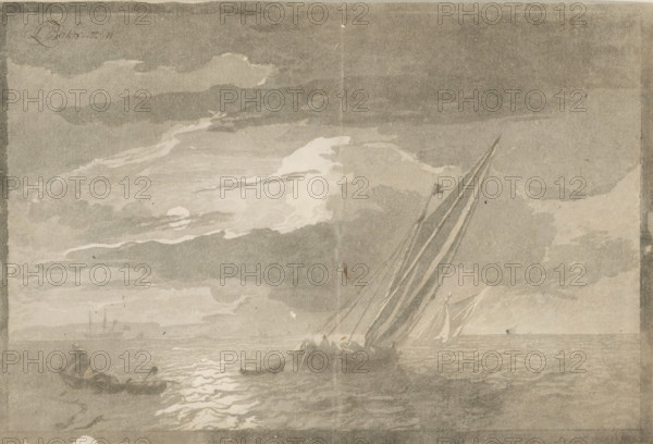 Seascape with full moon, print, waste paper, Two sailing ships are at sea. A fisherman is hauling