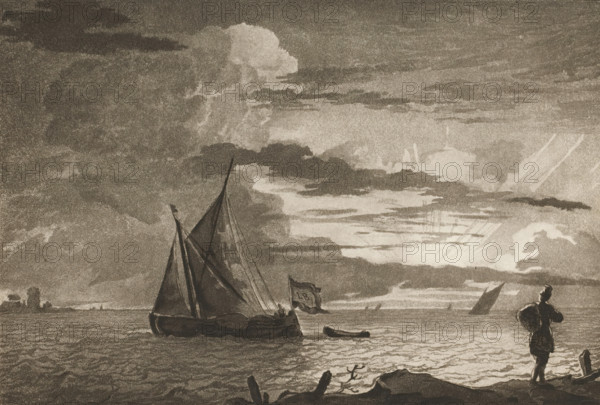 Man with sack on shoulder at sunrise, print, On the right in the foreground a man with a sack on